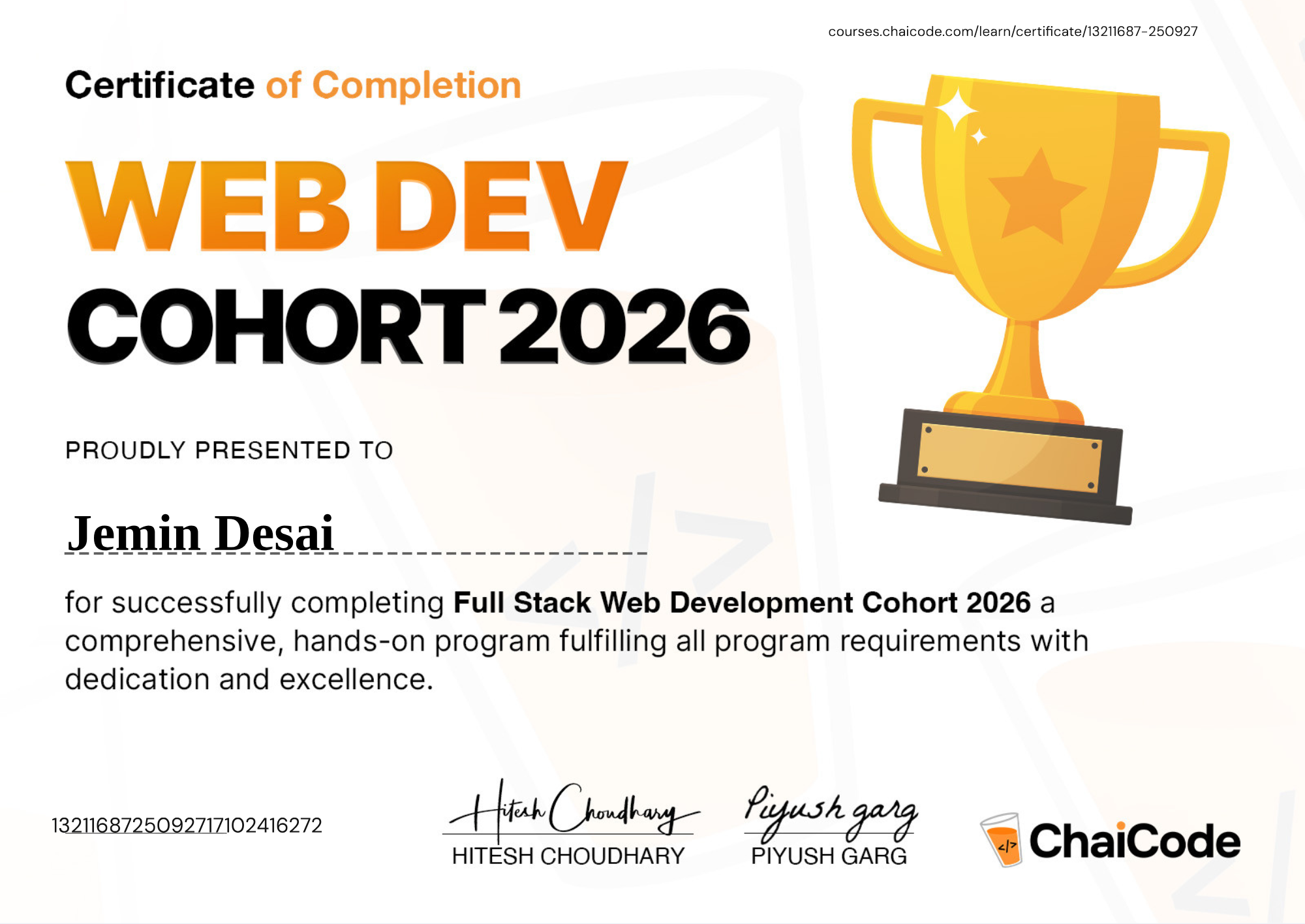Web Development Cohort certificate — ChaiCode, 2026